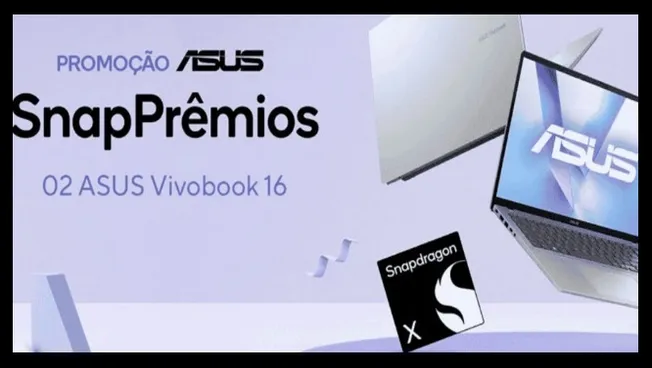 Imagem oficial da Promoção SnapPrêmios ASUS 2025, que sorteará dois notebooks Asus Vivobook 16. A campanha é gratuita, totalmente online e válida em todo o Brasil até o dia 14 de outubro de 2025.