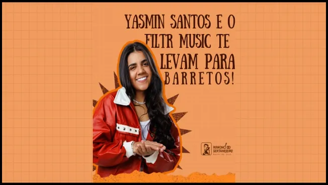 Imagem promocional da campanha Sony Music e Yasmin Santos 2025, convidando os fãs a participarem para ganhar uma viagem exclusiva para Barretos, incluindo hospedagem no Rancho do Renato Sertanejo e evento especial com a cantora.