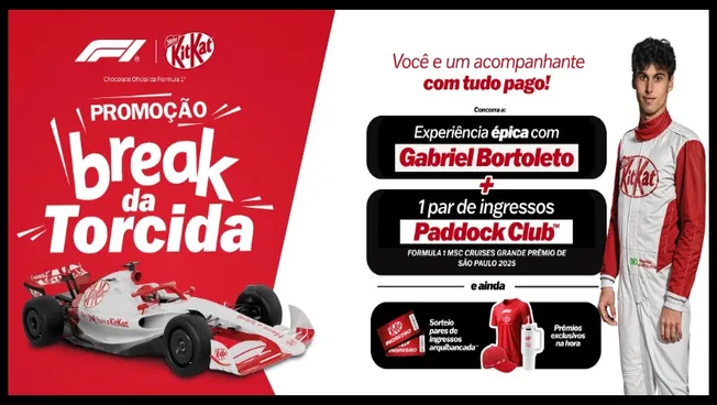Imagem oficial da Promoção Nestlé KitKat Break da Torcida 2025, destacando a oportunidade de ganhar uma experiência VIP com tudo pago no Grande Prêmio de Fórmula 1 em São Paulo, ao lado do piloto Gabriel Bortoleto. A campanha também oferece brindes instantâneos como bonés, camisetas e garrafas exclusivas da F1.