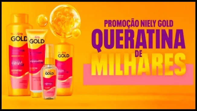 Imagem publicitária vibrante com fundo laranja e rosa, exibindo a linha de produtos Niely Gold Queratina e o título da promoção "Queratina de Milhares", que oferece prêmios em certificados de ouro no valor total de R$ 90 mil.