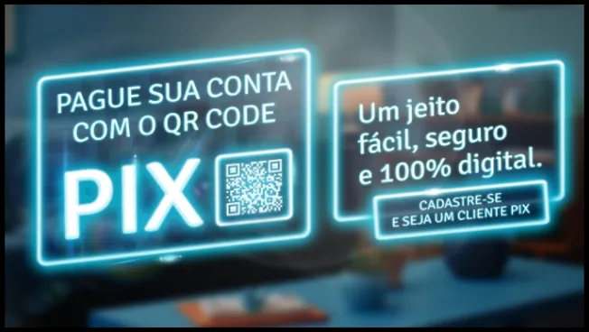 Imagem promocional da Energisa incentivando clientes a pagarem a conta de luz via Pix, com QR Code visível e chamada para cadastro, destacando segurança, praticidade e a oportunidade de participar de sorteios de prêmios e contas pagas.