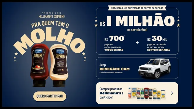 Arte oficial da Promoção Hellmann’s Supreme 2025 destacando os prêmios disponíveis: cartões de R$700 diários, certificados de R$30 mil semanais, Jeep Renegade 0 km exclusivo e R$1 milhão em barras de ouro no sorteio final, acompanhada dos produtos Hellmann’s participantes.