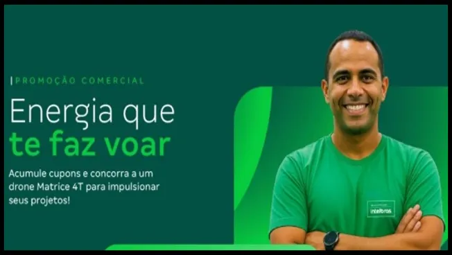 Arte promocional da campanha Intelbras “Energia que te faz voar”, destacando a chance de concorrer a um drone Matrice 4T. A imagem mostra um homem sorridente usando camiseta verde da Intelbras ao lado do texto da promoção em fundo verde.
