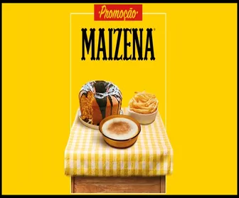 Imagem promocional da campanha Maizena 2025 com mesa de toalha xadrez amarela, bolo, prato de sobremesa e batatas fritas.
