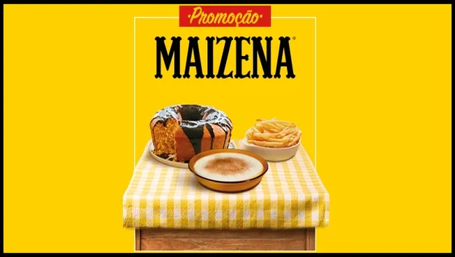 Arte oficial da Promoção Maizena 2025, mostrando mesa com toalha xadrez amarela, bolo com cobertura de chocolate, prato com creme e porção de batatas fritas, destacando a campanha que oferece sorteios, prêmios instantâneos e brindes exclusivos para quem comprar produtos Maizena e cadastrar o cupom fiscal.
