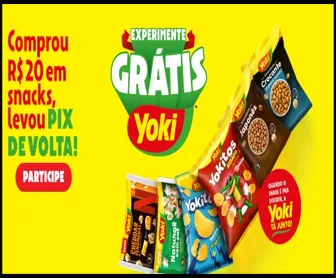 Banner da promoção Experimente Grátis Yoki 2025 com destaque para cashback via PIX ao comprar R$20 em snacks da marca.