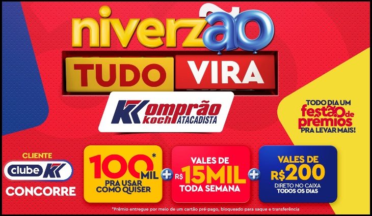 A imagem mostra um cliente celebrando suas compras no Komprão Koch Atacadista, segurando cupons e cartões da promoção NiverZão Komprão 2025, evidenciando os prêmios em dinheiro, vales-compra semanais e prêmios instantâneos, incentivando a participação na promoção válida até 31/10/2025 em Santa Catarina.