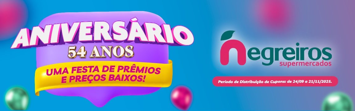 A rede Negreiros Supermercados celebra 54 anos de história em São Paulo com uma superpromoção: 220 prêmios, incluindo iPhones 16 de 128GB e vales-compras de R$200 e R$600. Faça suas compras, retire seu cupom no balcão e participe da promoção válida até 21/11/2025 em todas as lojas participantes.