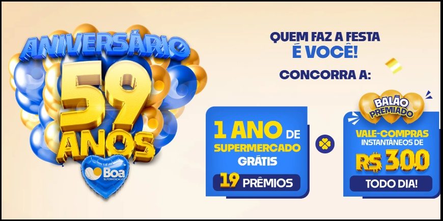 Imagem ilustrativa da Promoção Boa Supermercados 2025 – Aniversário 59 Anos, mostrando produtos participantes e os prêmios disponíveis, incluindo vale-compras de R$ 12.000,00 e prêmios instantâneos de R$ 300,00.