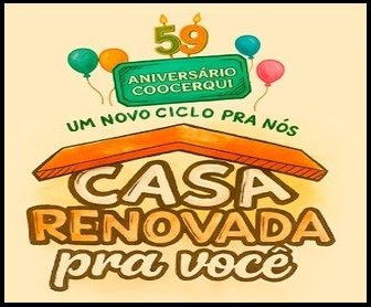 Banner da promoção Aniversário Coocerqui 59 anos – Casa Renovada pra Você, destacando o sorteio de R$59.000,00 em prêmios e vales-compra instantâneos, válido até 15 de novembro de 2025.