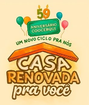 Arte comemorativa da promoção Aniversário Coocerqui 59 anos, com elementos festivos, cores vibrantes e o destaque para o prêmio principal de R$59.000,00. O layout também informa sobre os prêmios instantâneos em vales-compra e a data final da campanha, 15/11/2025. A peça convida os cooperados a participar do Clube do Cooperado e aproveitar as chances de renovar a casa com prêmios exclusivos.