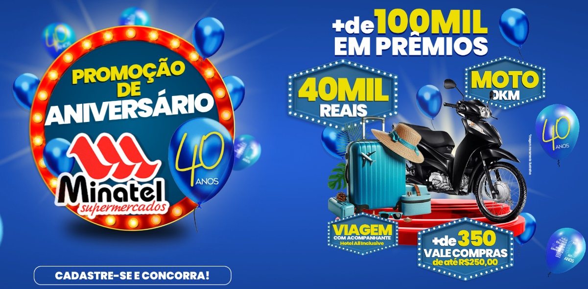A Promoção Aniversário 2025 Minatel Supermercados celebra 40 anos da rede com mais de R$100 mil em prêmios. Ganhe R$40 mil em cartão pré-pago, uma Honda Biz 0km, uma viagem para Porto Seguro (BA) e 355 prêmios instantâneos ao fazer suas compras e se cadastrar no site oficial da promoção. A campanha vai de 01/09/2025 a 31/12/2025 e permite acumular chances e giros da sorte extras para clientes do Clube de Ofertas Minatel.