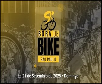 Banner oficial do evento Bora de Bike São Paulo 2025 mostrando ciclistas pedalando nas ruas da cidade e chamada para concorrer a 10 bicicletas grátis no dia 21 de setembro.
