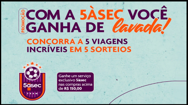 A cada R$150 em serviços da 5àsec, você recebe números da sorte para concorrer a pacotes de viagem internacionais para Nova York, Los Angeles, Miami, Cidade do México e Toronto. Promoção válida para clientes maiores de 18 anos, residentes no Brasil, de 01/09/2025 a 31/12/2025. Aproveite a chance de transformar suas visitas à lavanderia em experiências únicas!