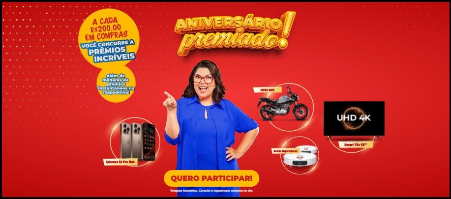 A campanha Aniversário Premiado Mercadão dos Óculos 2025 oferece mais de R$ 116 mil em prêmios, incluindo iPhone 16 Pro, moto CG 160 Fun 2025, Smart TVs 4K, robôs aspiradores e brindes exclusivos nas raspadinhas. Todos os clientes que comprarem a partir de R$ 200 participam da promoção, que é válida em todo o Brasil até 31 de outubro de 2025.