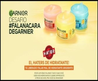 Promoção Desafio Garnier #FalaNaCaraDeGarnier 2025 com hidratante Toque Seco, prêmios em barras de ouro de R$100.000 e kits de produtos Garnier.