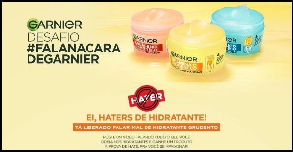 A imagem promocional do Desafio Garnier 2025 destaca o hidratante Garnier Toque Seco e anuncia a campanha cultural #FalaNaCaraDeGarnier. O layout traz cores vibrantes e chama atenção para os prêmios: 5.000 hidratantes distribuídos na primeira fase, além de um grande prêmio em barras de ouro no valor de R$100.000,00 e mais de mil kits de produtos. O público é convidado a gravar vídeos criativos, compartilhar nas redes sociais e cadastrar-se no site oficial para participar até o dia 31 de outubro de 2025.