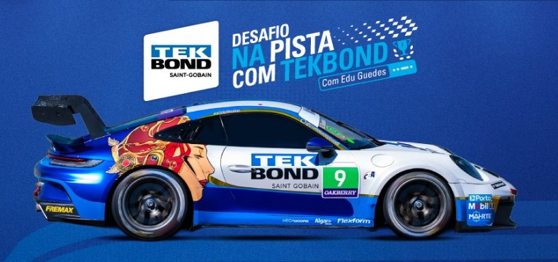 Arte oficial da campanha Tekbond 2025, apresentando Edu Guedes e um carro da Porsche Cup. O banner destaca a promoção cultural, a volta rápida em Interlagos e os prêmios exclusivos para os vencedores.