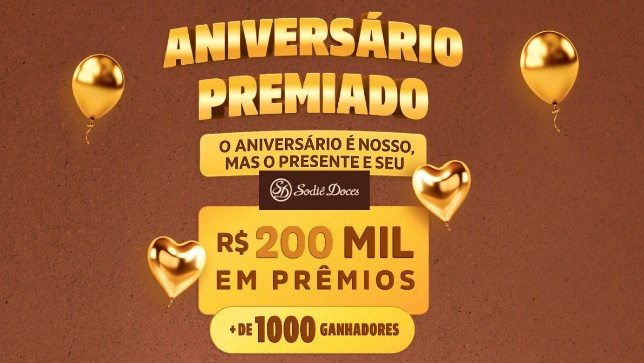 Participe da Promoção Aniversário Premiado Sodiê 2025 e concorra a vouchers de até R$ 300 e vale-compras de R$ 500. Comprando seus produtos favoritos, você aumenta suas chances de ganhar!