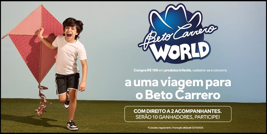 Imagem promocional da campanha “Viagem dos Sonhos Montreal 2025”, destacando a chance de ganhar um dos 10 pacotes completos para o Beto Carrero World. A promoção é válida em todo o Brasil entre 22/09/2025 e 12/10/2025 e premia famílias com passagens aéreas, hospedagem, ingressos para o parque e seguro-viagem.