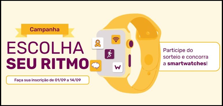 Imagem promocional da campanha Wellz Wellhub Escolha Seu Ritmo 2025 em celebração ao Setembro Amarelo, com destaque para um smartwatch amarelo e ícones de bem-estar, incentivando a inscrição entre 01/09 e 14/09 para concorrer a prêmios como relógios inteligentes.