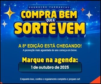 Imagem da promoção Compra Bem que a Sorte Vem 2025 da Farmarcas, destacando prêmios de até R$500.000,00, cartões pré-pagos e produtos de perfumaria e bem-estar nas farmácias participantes, válida de 01/10/2025 a 30/01/2026.