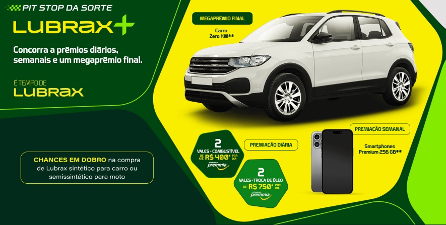 Promoção Pit Stop da Sorte Lubrax+ 2025 – Abasteça, troque o óleo e concorra a um carro 0km, iPhones e vales-combustível até 09/11/2025.