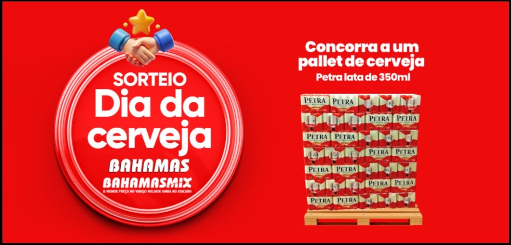 O Bahamas Supermercados realiza a promoção Dia da Cerveja 2025 em Minas Gerais, oferecendo 2 pallets de cerveja Petra como prêmio. Cadastre cupons a partir de R$50,00 até 31/10/2025 para participar.