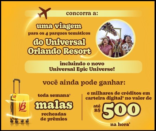 Arte promocional da Bauducco destacando a campanha Viagem Fantástica 2025. A imagem traz os produtos Choco Biscuit participantes, ilustrações dos prêmios disponíveis como malas personalizadas, créditos no PicPay e o grande prêmio: uma viagem completa para Orlando com hospedagem, ingressos para os parques da Universal e direito a acompanhantes.
