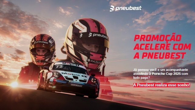 A Pneubest convida você a acelerar rumo à emoção! Ganhe uma viagem VIP para a Porsche Cup 2025, incluindo ingresso para o evento em Interlagos, hospedagem 4 estrelas, transporte, acesso exclusivo ao box da pilota campeã Antonella Bassani e kit especial da marca. Participe até 31/10/2025 e viva a adrenalina do automobilismo de perto!