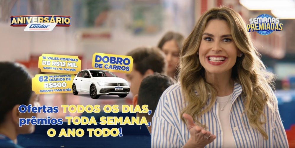 Imagem oficial da Promoção Aniversário Condor 2025, destacando os prêmios oferecidos: cinco cartões-presente no valor de R$12.000,00 equivalentes a 1 ano de supermercado grátis, trinta e um vales-compras de R$500,00 e carros. A campanha acontece entre 25/09/2025 e 02/11/2025, válida para lojas do Condor Super Center no Paraná e em Santa Catarina.