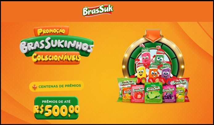A imagem mostra os mascotes de pelúcia da BrasSuk, roleta virtual de Giros da Sorte e os prêmios disponíveis, incluindo cartões digitais de até R$500. Cadastre seus cupons e participe até 16/01/2026 para ganhar.
