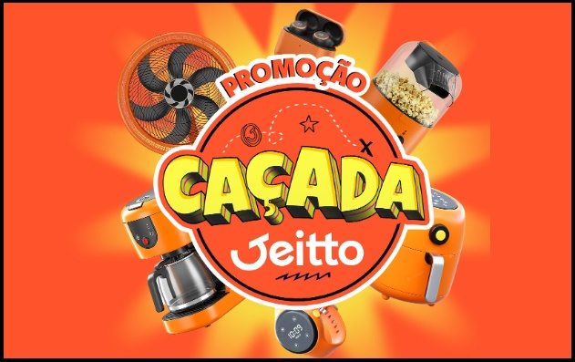 Imagem oficial da Promoção Caçada Jeitto 2025, que oferece a chance de transformar pagamentos e uso do crédito digital no aplicativo em prêmios valiosos. Os participantes podem ganhar até R$100 mil em cartão pré-pago, além de dezenas de kits com eletrodomésticos e eletrônicos como Air Fryer, cafeteira, smartwatch e muito mais. A campanha é válida em todo o Brasil até 21/12/2025, com sorteios regulares e cadastro gratuito no site oficial.
