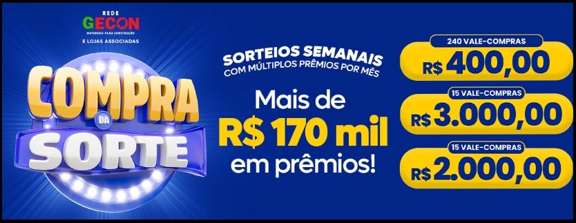 Clientes participando da Promoção Compra da Sorte Rede Gecon, com vales-compras de R$400 instantâneos e prêmios do sorteio final de até R$3.000.