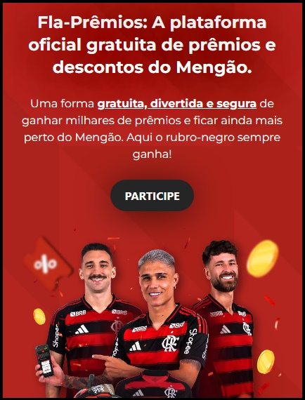 Arte promocional da campanha Goleadores da História Fla-Prêmios, com destaque para torcedores do Flamengo celebrando. O material divulga a oportunidade de realizar check-in gratuito nos jogos do Mengão e concorrer a milhares de prêmios, incluindo viagem com acompanhante, camisas oficiais autografadas, cupons de desconto e brindes exclusivos. Promoção válida em todo o Brasil até 28/09/2025.