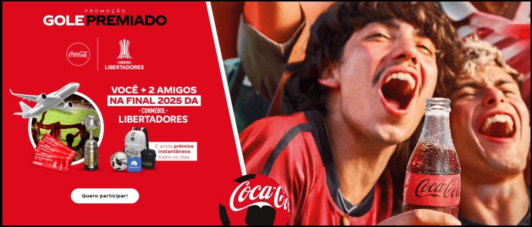 Imagem promocional da campanha Gole Premiado Coca-Cola 2025 mostrando refrigerantes Coca-Cola e Coca-Cola Zero Açúcar, com destaque para a chance de ganhar uma viagem para a final da CONMEBOL Libertadores 2025 em Lima, prêmios instantâneos como mochilas, vouchers Centauro e cartões pré-pagos, válida até 29/10/2025