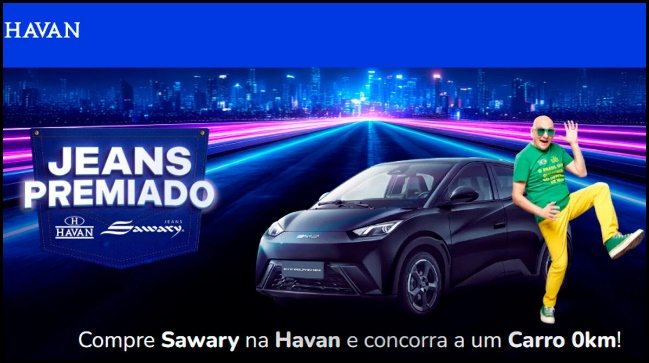 Promoção Jeans Premiado Havan 2025, concorra a um carro elétrico BYD Dolphin Mini 0 km comprando roupas Sawary nas lojas físicas Havan.