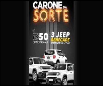 Imagem promocional da Promoção Meu Carone da Sorte 2025, mostrando 3 Jeep Renegade 0km disponíveis como prêmio, com destaque para compras nos Supermercados Carone e o período de participação de 20/09/2025 a 10/12/2025.