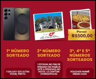 Banner oficial da promoção Brota na Festa Parmê 2025, destacando os prêmios Galaxy S25 Ultra, viagem ao Hotel Le Canton e vouchers de R$500, com chamada para participar no estado do Rio de Janeiro até 30/09/2025.