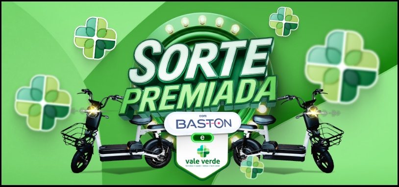 A promoção Sorte Premiada Baston e Farmácias Vale Verde está imperdível! Para participar, basta comprar produtos das marcas ABOVE®, PURO AR® ou PROINSET® em qualquer Farmácia Vale Verde do Paraná, cadastrar seu cupom fiscal no site oficial e concorrer a 2 scooters elétricas AS1401, com valor total de R$ 4.016,26. Período da promoção: de 15/09/2025 a 16/01/2026. Confira o regulamento completo e aumente suas chances de ganhar!