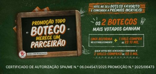 Vote no seu boteco favorito e concorra a prêmios! Na promoção Todo Boteco Merece um Parceirão Atacadão 2025, os dois estabelecimentos mais votados em São Paulo ganham uma super reforma e vale-compras. Quem vota também participa do sorteio de R$5000 em vales para gastar no Atacadão.