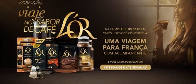Arte oficial da promoção Viaje no Sabor de L’OR 2025, que oferece aos participantes a chance de ganhar uma viagem de turismo para Paris, kits semanais de café e dezenas de kits diários. Para participar, basta comprar R$50 em produtos L’OR entre 23/09/2025 e 21/12/2025 e cadastrar a nota fiscal no site oficial.