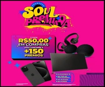 Banner oficial da Promoção Soul Premiada 2025 destacando iPhones 15, Smart TVs, Echo Dot e fones JBL.