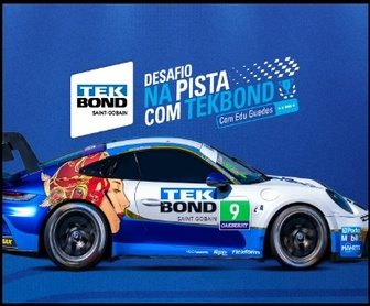 Promoção Desafio Na Pista Tekbond 2025 com Edu Guedes e Porsche Cup em destaque, divulgando a volta rápida e o acesso VIP ao Paddock Club.