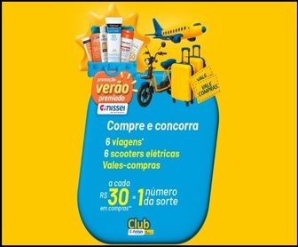 Imagem promocional da campanha Verão Premiado Nissei 2025, destacando prêmios como 6 viagens, 6 scooters elétricas e vales-compras, com a mecânica de participação a cada R$30 em compras.