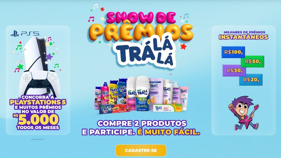 A imagem promocional da campanha Trá Lá Lá Kids 2025 mostra elementos coloridos e divertidos, destacando os principais prêmios: um PlayStation 5, cartões digitais pré-pagos de até R$100 e sorteios mensais de R$5.000. O layout transmite alegria, reforçando a ideia de que cuidar e brincar com os produtos Trá Lá Lá também pode render grandes recompensas.