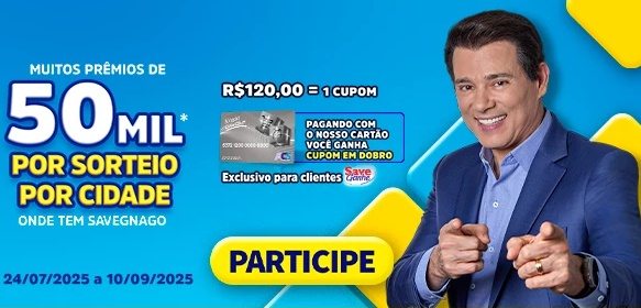 Arte promocional destacando o logotipo do Savegnago Supermercados, prêmios em barras de ouro e as datas de participação da campanha “Transforme Sua Vida com o Savegnago 2025”.