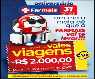 Imagem promocional do aniversário Farmais 31 anos, mostrando vales-viagem da CVC de R$2.000,00 e destacando a promoção para clientes que realizarem compras de produtos de higiene, perfumaria e suplementos.
