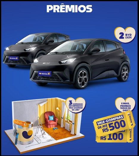 Participe da promoção de 78 anos do Supermercados Avenida: concorra a dois carros elétricos BYD 0km, reformas e vales-compra de até R$500 até 31/12/2025!