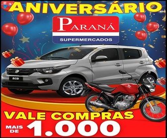 Clientes comemorando o aniversário do Paraná Supermercados 2025, com oportunidades de ganhar carro, moto e vales-compra instantâneos.